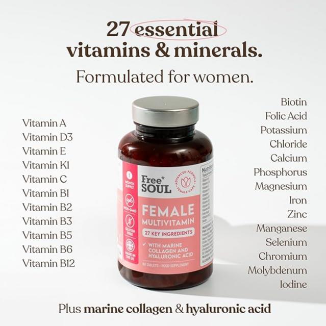 Women's Multivitamins & Minerals with Marine Collagen & Hyaluronic Acid – 27 Essential Vitamins, Minerals, & Botanicals – Gluten-Free & No Synthetic Fillers or Binders – 60 Tablets – Free Soul