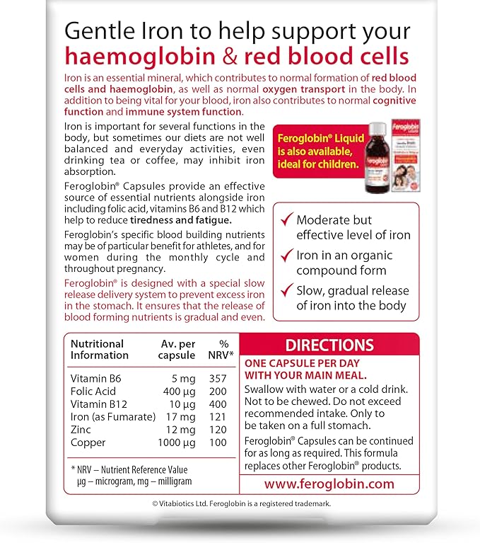 Feroglobin Iron Supplement Capsules Support Iron Defficiency, Anemia and Blood formation, boost Energy, Immunity and Vitality while reducing Fatigue and Tiredness